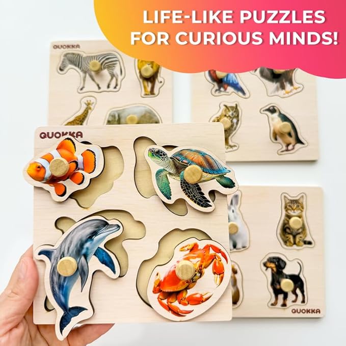 QUOKKA Wooden Puzzles for Toddlers 1-3 - Animal and Birds Learning Toy for Kids - Birds, Animals, Fish, Buttefly Montessory Toys