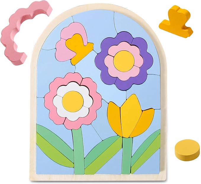 Montessori Wooden Shape Puzzles - Color Matching & Cognition Fun for Kids Over 3 Years Old, with Rainbow Blocks & Themes, Fine Motor Skill Building Toys & Gifts (Flower)