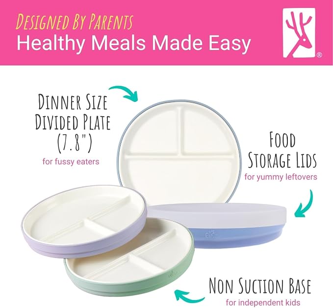 Elk and Friends Kids 7.8” Porcelain White Plates with Silicone Sleeves + Lids | Divided Plates | Suitable for Kids/Toddlers | Microwave & Dishwasher Safe | Non Slip | Snack Dishes…