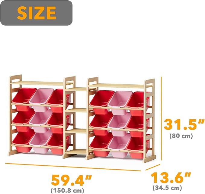 SpaceAid Large Toy Storage Organizer with 6 Shelves and 18 Bins, Book Shelf Organizers Storage Bookshelf, Kids Bin Shelf Box Bookcase for Bedroom Playroom Organization Room Decor, Red and Pink