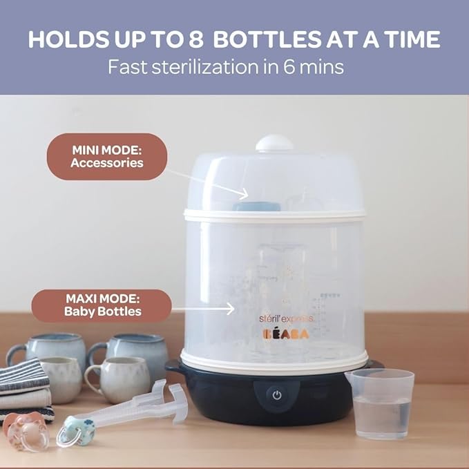 BEABA Steril' Express 2-in-1 Baby Bottle Sterilizer, Fast Sterilization in 6 Minutes, Auto Shut Off Feature, Steam Sterilizer for Baby Bottles, Midnight