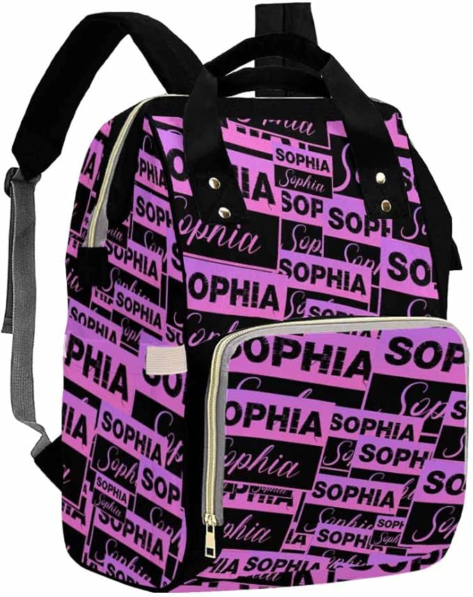 Artsadd Personalized Name Nappy Bag Large Capacity Baby Diaper Bags, Black Purple Signature Daypack Custom Name Backpack Casual Daypack Bag Gifts for Niece Daughter Granddaughter