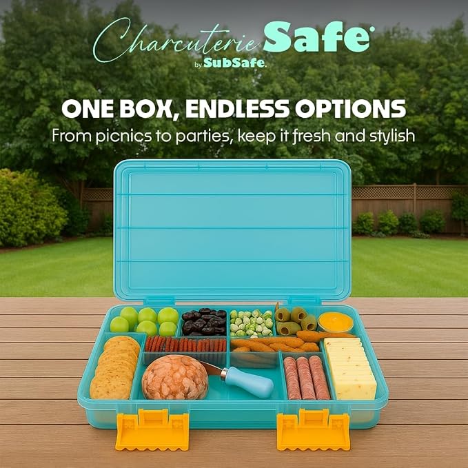 SubSafe Charcuterie Safe - BPA-Free, Food Safe Charcuterie Board with Lid & Handle - Portable Snack Tray Organizer with Dividers, Mini Containers & Cheese Knife - Dishwasher Safe - Blue