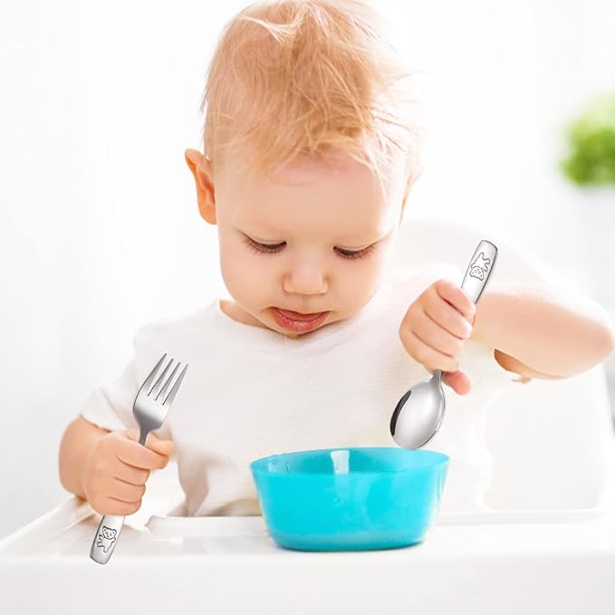 Pimoys 6 Pieces Toddler Utensils Kids Silverware Stainless Steel Toddler Forks and Spoons Set, Metal Children's Safe Flatware Kids Cutlery Set, 3 x Child Forks, 3 x Children Spoons
