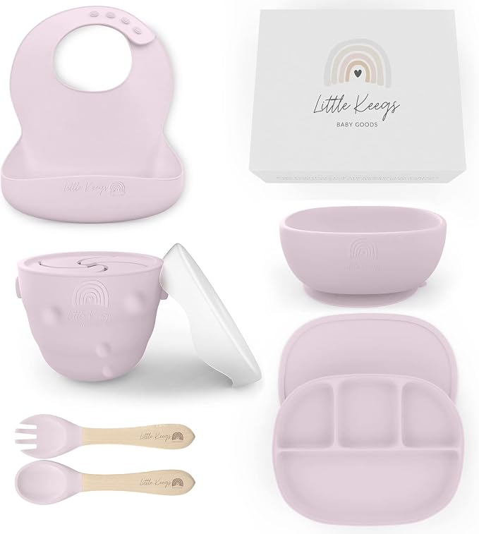 Baby Feeding Set - Baby Must Haves Gift Set - Baby Led Weaning Supplies - Toddler Silicone Dishes - Suction Baby Bowl, Bib, Snack Cup, Utensils, Baby Plate (Lilac)