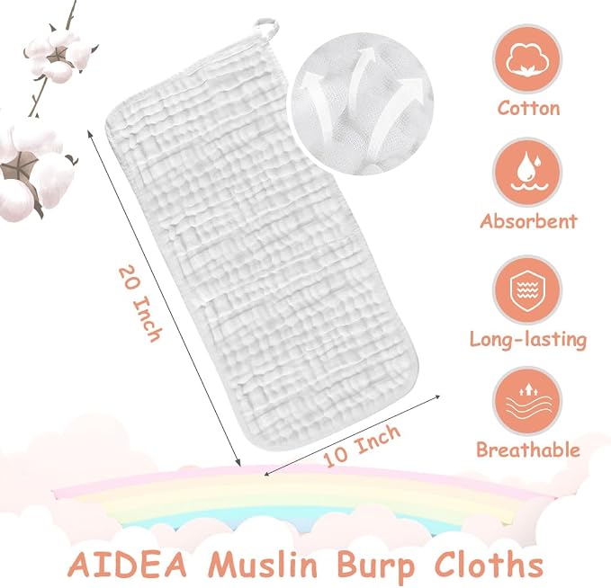 AIDEA Burp Cloths and Washcloths for Baby, Absorbent Cotton Muslin Baby Towels, Large Soft Breathable Newborn Essentials for Boys and Girls, Newborn Essentials, 10 Pack, 20"x10"