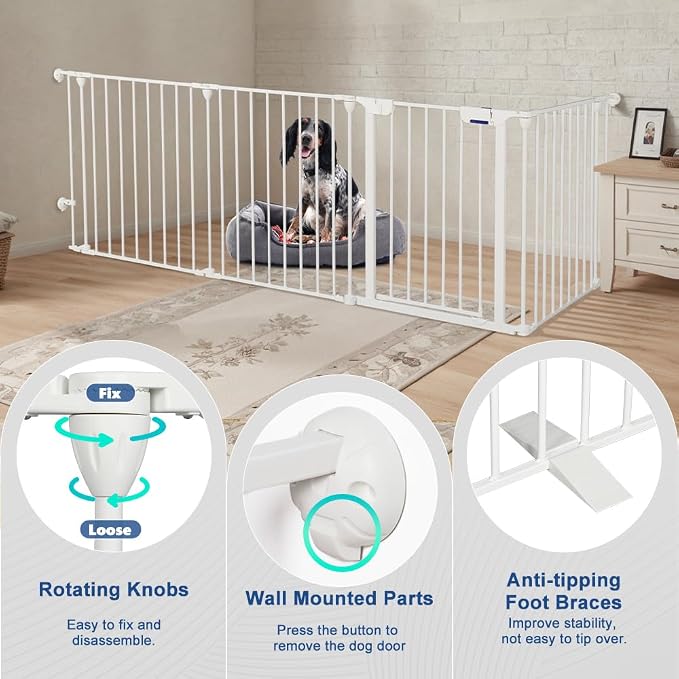AGESISI Freestanding Dog Gates with Door Walk Through, Extra Wide Doggy Door 100" W x 29" H Pet Gate Safty 4 Panels Dog Fence for Stairs, Doorways, White