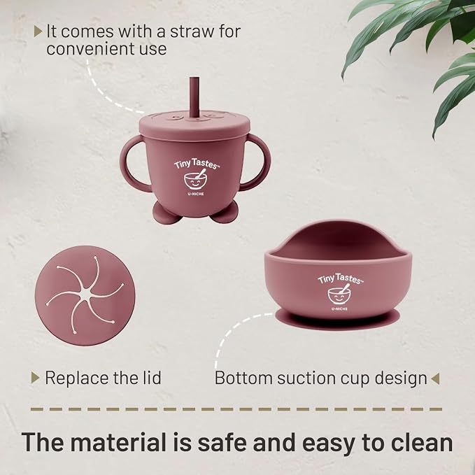10-Piece Silicone Baby Feeding Set – BPA-Free, Spill-Proof Suction Plate, Bowl, Bib, Snack Cup & Utensils | Dishwasher Safe, Baby Gift Ready (Dark Pink)