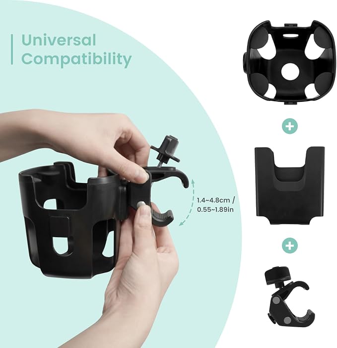 Universal Big Size 2-in-1 Cup & Phone Holder for Stroller Walker Wheelchair, Adjustable Clip On Attachment for Bike Scooter Rollator, Compatible with Nuna Uppababy Graco Doona Baby Travel Gear