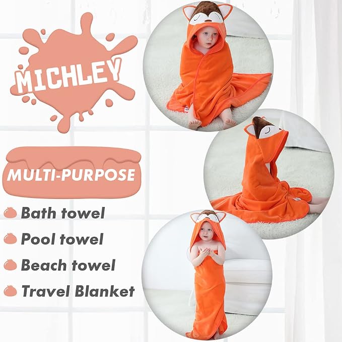 MICHLEY Animal Hooded Baby Towel Washcloth, Toddler Premium Cotton Absorbent Bathrobe for Girls Boys 0-6T (Fox)