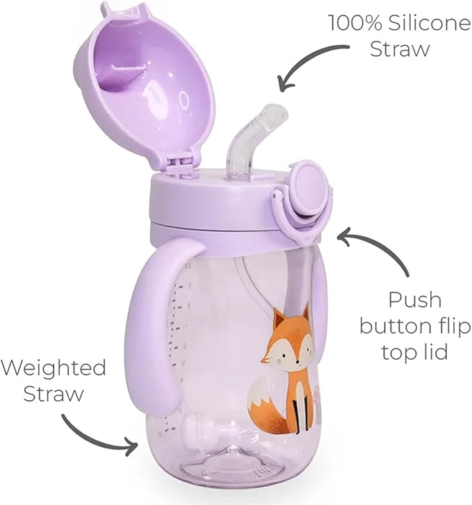 LITTLE RAWR Baby's First Sippy Cup with Weighted Silicone Straw, Leak Proof, Spill Proof, Easy Grip Straw Cup for for Babies 6m+ to Toddlers, BPA Free, Dishwasher Safe, 11oz/320ml (Purple Fox)