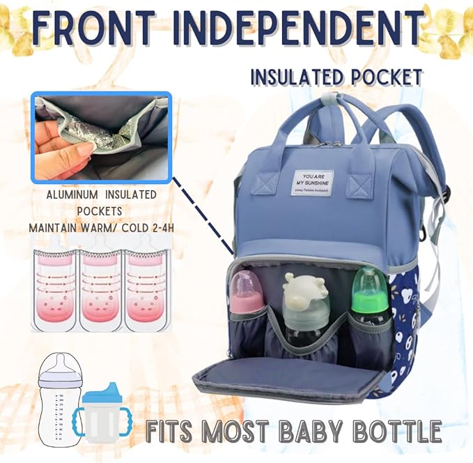 Small Diaper Bag Backpack for Baby Boy with Insulated Pockets, Stroller Straps. Blue Baby Bag for Mom Dad.