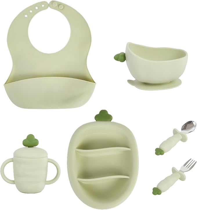 Silicone Baby Feeding Gift Set ??Suction Plate, Bowl, Training Cup, Fork, Spoon & Bib (6-Piece) (Matcha Green)