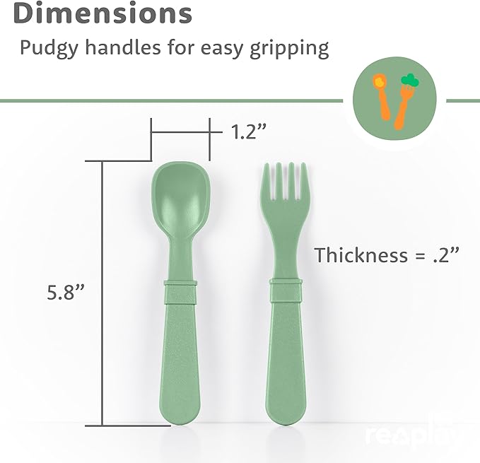 Re-Play Toddler Forks and Spoons Set - 6x6 Utensils Set for Kids - Dishwasher and Microwave Safe - Made in USA - Set of 12-5.8" x 1.2" x 0.2" - Meadow