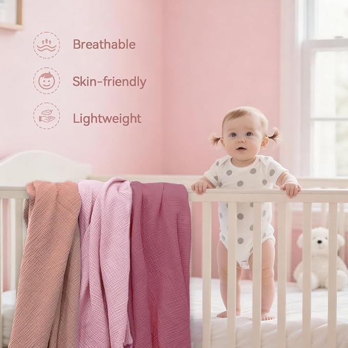 Muslin Swaddle Blankets for Baby Girl - 3 Pack 47x47 Inch Large Receiving Blankets, Soft Breathable Cotton Nursery Swaddles for Newborn, Infant & Todler, Pink