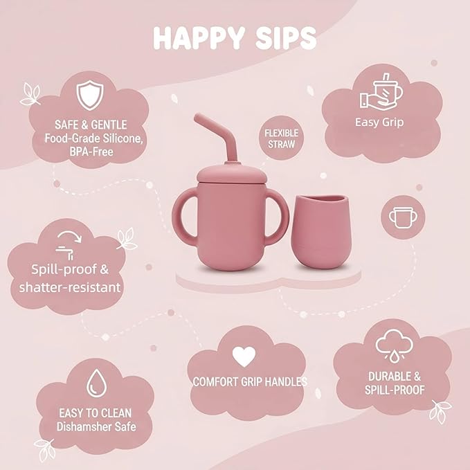 Silicone Training Cups - Drinking Training Straw Cup & Open Weaning Cup for Babies 6-12+ Months, Food-Grade BPA-Free Baby Led Weaning Drinking Set(Rose) (Rose)