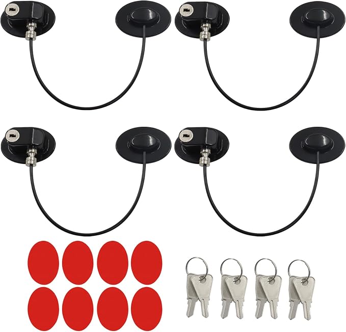 Refrigerator Lock, 4 Pack Child Safety Lock Set, ABS Plastic Construction with Strong Adhesive, Secure Fastening for Fridge, Cabinet, Drawer and Toilet Seat, Black
