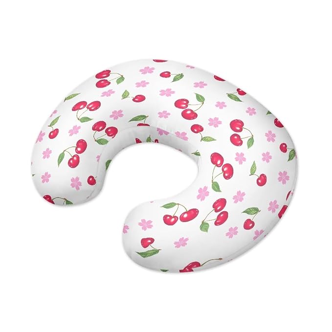 Cherry and Flower Nursing Pillowcase Slipcover for Breastfeeding Pillows, Soft and Stretchy Safely Breastfeeding Pillow Cover Portable and Easy to Clean