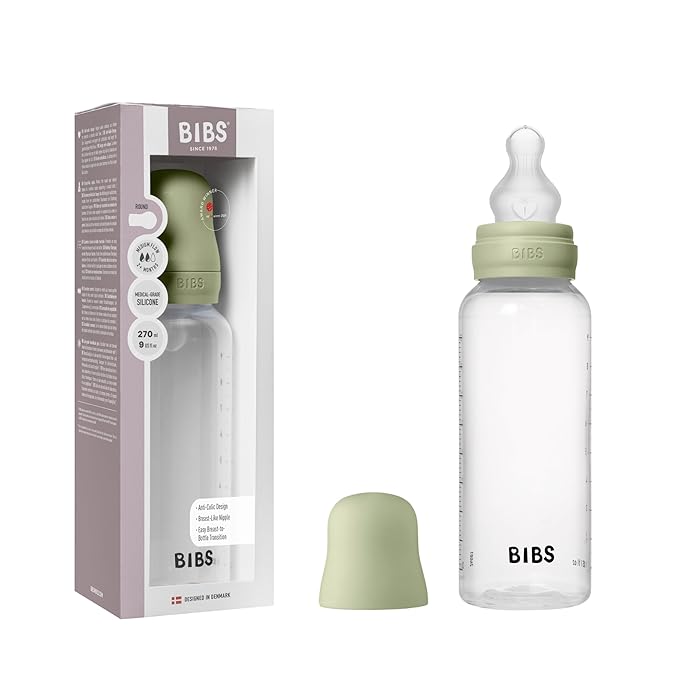 BIBS Baby Bottle 9 oz / 270 ml Silicone Nipple - Anti-Colic, BPA-Free, Round Nipple, Medium Flow, Lightweight & Easy to Clean, Suitable for Newborns 0+ Years - Sage