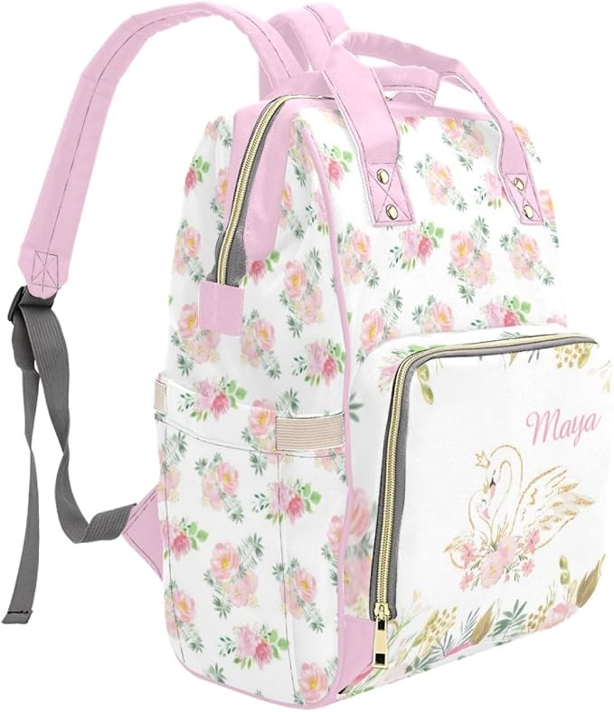 Custom Diaper Bag Personalized Floral Swan Casual Nursing Mommy Daypack with Insulated Pocket Customized Cute Diaper Bag Backpack with Name or Holiday Travel