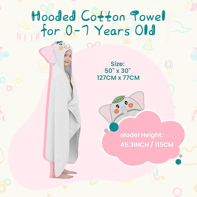 Style Quarters Gray Elephant Hooded Towel for Kids – Cute, Soft Cotton, Embroidered, Absorbent Baby Bath Towel – Quick Dry, Cozy, Lightweight – 50x30 Inches – Perfect for Toddlers & Kids