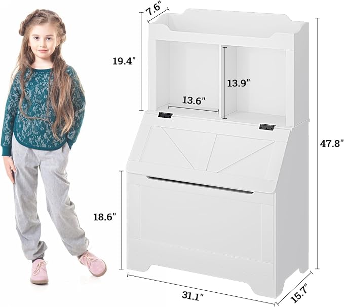 Kids Bookshelf, Toy Storage Organizer with Flip-Top Lid and Cubby, Wood Kids Bookcases Fit for Playroom, Children's Room, Bedroom, Nursery School