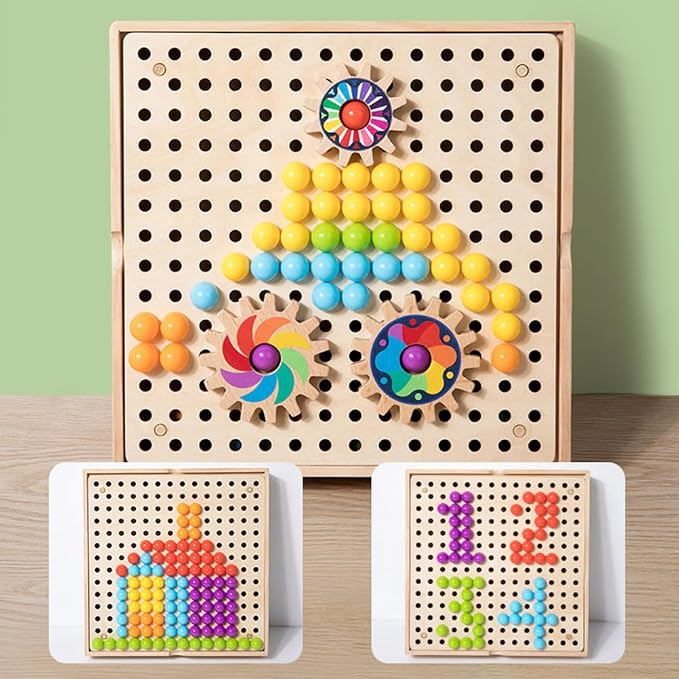 Wooden Pegboard Mosaic Puzzle, Kids Colorful Mushroom Nails Gear Combination Toy