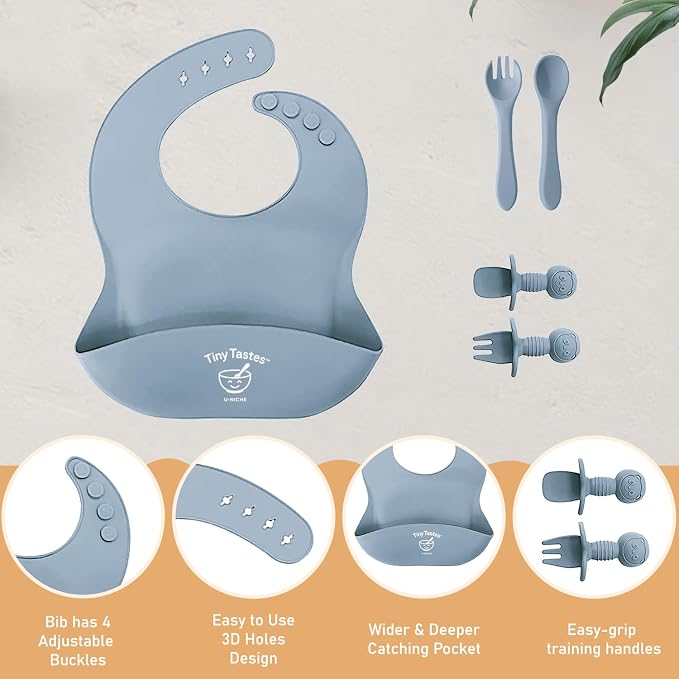 10-Piece Silicone Baby Feeding Set – BPA-Free, Spill-Proof Suction Plate, Bowl, Bib, Snack Cup & Utensils | Dishwasher Safe, Baby Gift Ready (Blue)