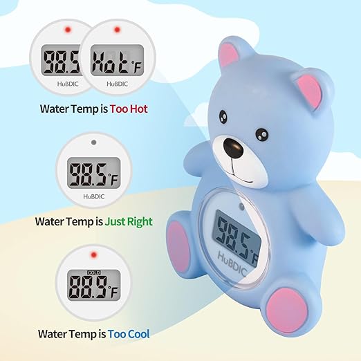 HubiBaby Baby Bath Thermometer & Digital Room Temperature, 2in1 Kids Bathroom Safety Products with Temperature Warning, Floating Teddy Bear (Blue)