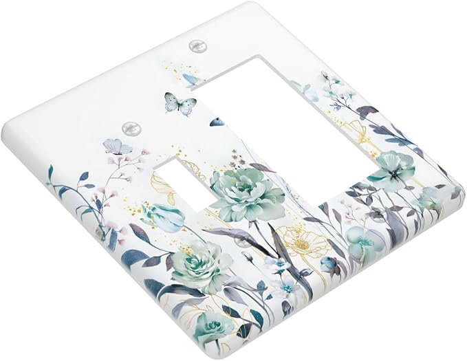 Romantic Floral Butterfly Leaf Flower Golden Pollen Outlet Covers 1 Toggle 1 Rocker Combination Decorative Wall Plate Electrical Switch Plates Light Switch Cover Plate for Bedroom Living Room Decor