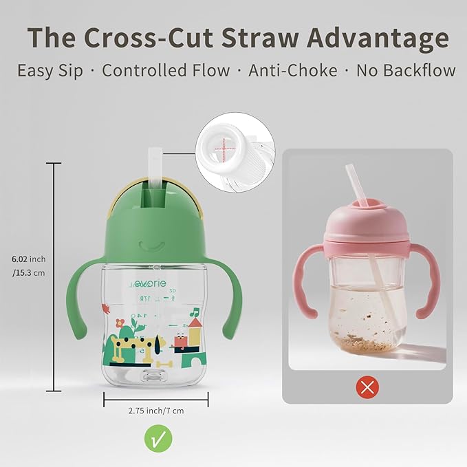 Evorie Tritan Weighted Straw Sippy Cup with Handles for Baby and Toddlers, Spill Proof Baby Water Bottle with Straw for 6 Months and up, 7 Oz, Infant Training Water Bottle (Green Explore)
