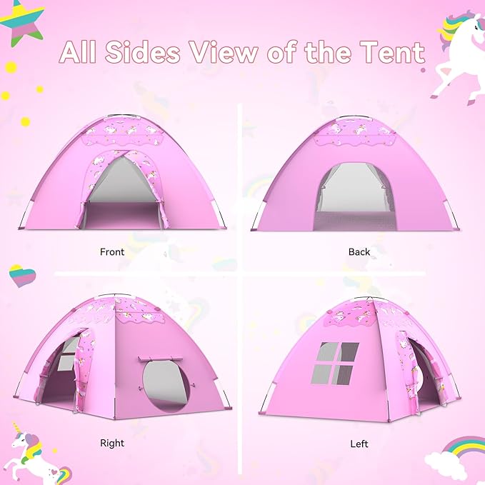AFUNX Unicorn Play Tent for Girls Ages 4??, Extra Large Kids Indoor Play Tent 70" L x 45" W x 43" H, Lavender Pink Foldable Tent with Rainbow & Unicorn Print, Easy Setup, Fits 2?? Kids