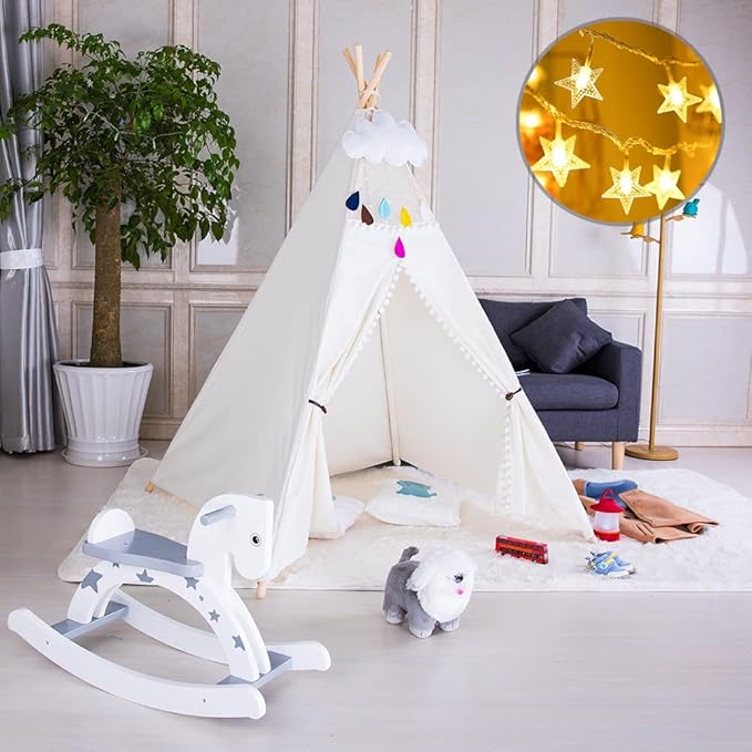 Teepee Tent with Star Lights & Carry Case, Luxury Lace Washable Foldable Toddler 100% Cotton Play Tent for Indoor Outdoor Party Girls & Boys, White