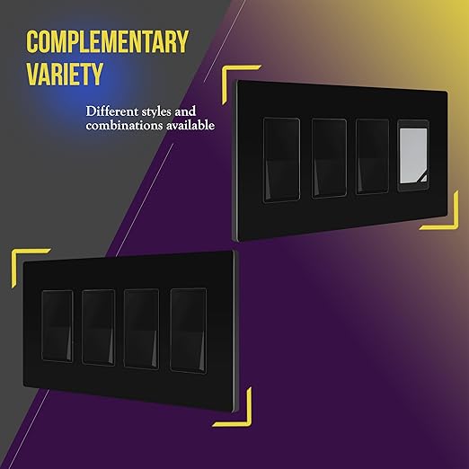 ENERLITES Screwless Decorator Wall Plates Child Safe Outlet Covers, Gloss Finish, Medium Size 4-Gang 4.88" H x 8.58??L, Unbreakable Polycarbonate Thermoplastic, SI8834M-BK, Black