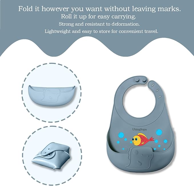 Silicone Baby Bibs ??Adjustable, Soft, Waterproof & Durable, with Large Food-Catching Pocket, Feeding-Friendly