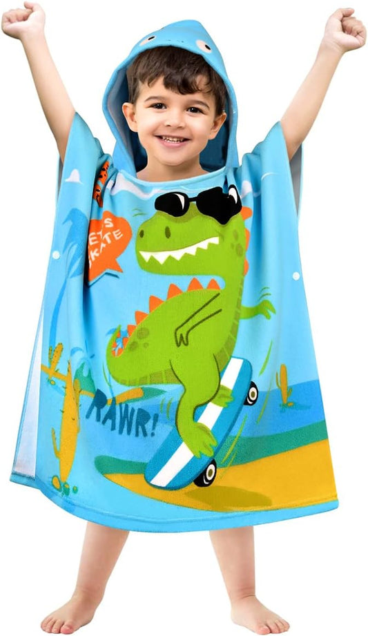 HUANLANG Kids Hooded Pool & Bath Poncho, Super Soft & Absorbent Cotton Towel, Dinosaur Beach Towels for Toddlers 0-7 Years Old