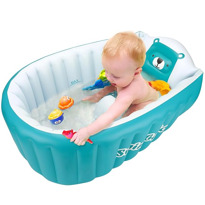 Inflatable Bathing Tub for Toddler,Non Slip Safety Thick Cushion Central Seat,Portable Travel Seat Baths Baby Swimming Pool for 0-5 Year(Blue)