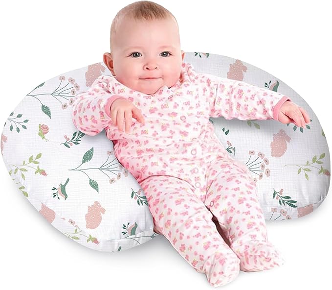 Little Grape Land Muslin Nursing Pillow, Soft 100% Cotton Breastfeeding Pillow with Breathable Cotton Removable Cover, Pink Bunny Breast Feeding Pillows for Babies 0-12 Months with Protective Zipper