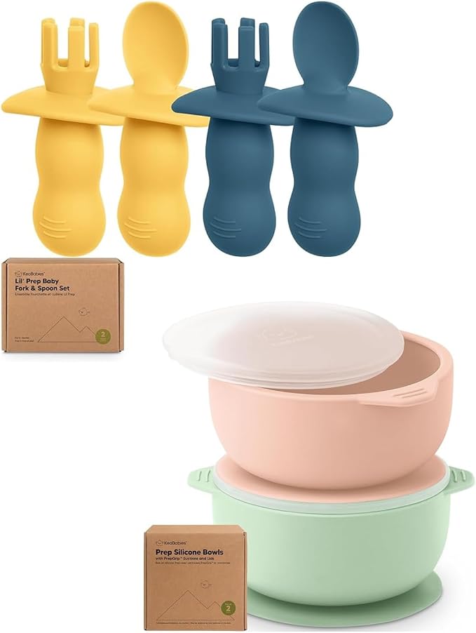 Keababies 4-Pack Silicone Baby Spoons and Forks Set and 2-Pack Baby Bowls with Suctions, Lids - Baby Spoon Self Feeding, BLW Baby Utensils - Silicone Suction Bowls for Baby Boy, Girl