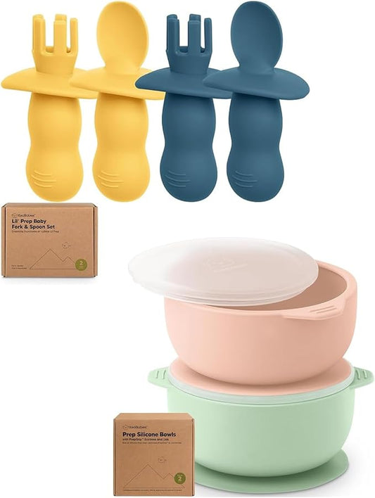 Keababies 4-Pack Silicone Baby Spoons and Forks Set and 2-Pack Baby Bowls with Suctions, Lids - Baby Spoon Self Feeding, BLW Baby Utensils - Silicone Suction Bowls for Baby Boy, Girl