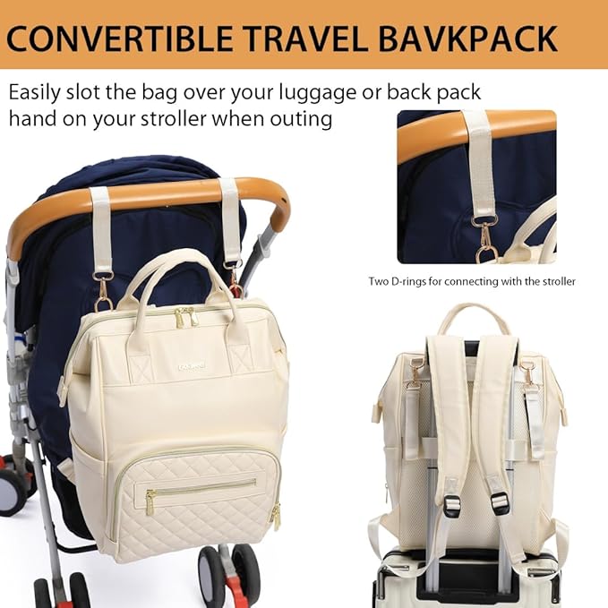 Baby Diaper Bag Backpack, Vegan Leather Diaper Backpack with Laptop Compartment 15.6 inch, Baby Bag Large Capacity, Waterproof Travel Backpack (Beige)