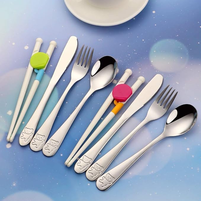Stainless Steel Kids Utensils with Training Chopsticks | Toddler Silverware | Kids Silverware | Spoon + Fork + Knife + Chopsticks set | 4-12 Years+ | 12 Pieces | Dishwasher Safe | Silver