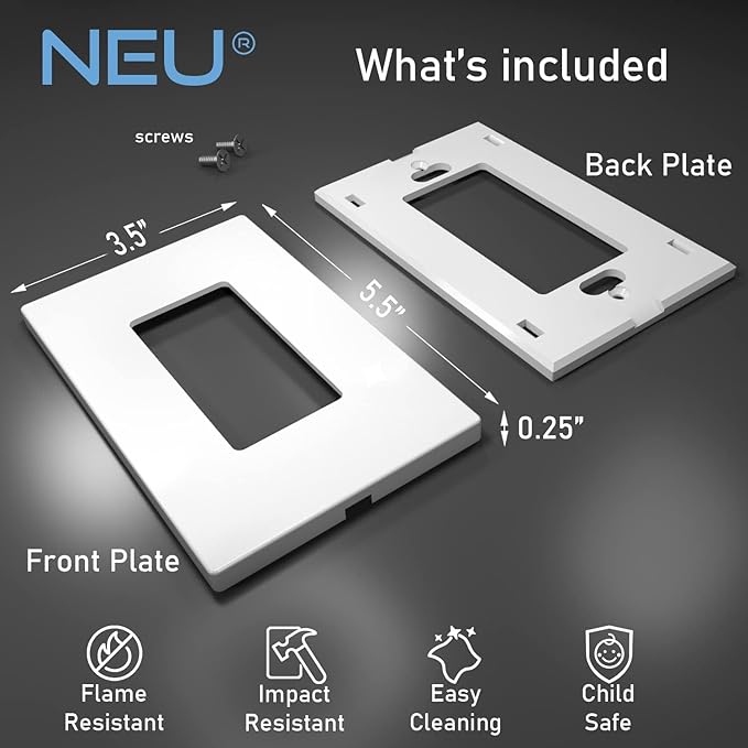 [10 Pack] NEU 1-Gang Oversized Screwless Decorator Wall Plates Child Safe Outlet Cover, 5.5" x 3.5", Unbreakable Polycarbonate Thermoplastic, White