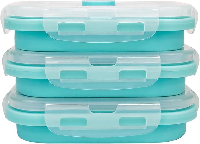 CCyanzi 3piece Collapsible Food Storage Containers with Lids, Silicone Lunch Container, Microwave & Freezer Safe, Space Saving for Kitchen Cabinet and Camping Backpack,(blue)