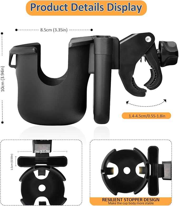 Universal Stroller Cup Holder with Phone Holder, 360°Rotatable Bottle Holder with Strong Clip, Accessories for Stroller, Bike, Wheelchair, Walker, Scooter (UM-SCH-B2410, Large)