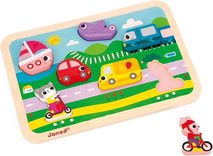 Janod - Vehicles Chunky Puzzle 7 Pieces - Motor Skills Development - Enhances Motor Skills - Promotes Imagination, Safe Quality Materials - French Design Excellence