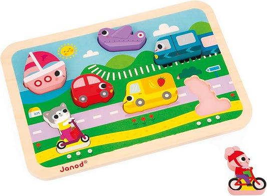 Janod - Vehicles Chunky Puzzle 7 Pieces - Motor Skills Development - Enhances Motor Skills - Promotes Imagination, Safe Quality Materials - French Design Excellence