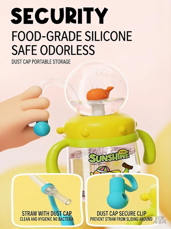 Comobebe Whale Fountain Cup for Kids Toddlers: 10oz/300ml Spill Proof Toddler Sippy,Straw Cup with Handle & Strap, BPA-Free forsippy cups for toddlers 1-3,Kids Water Bottle (Yellow)