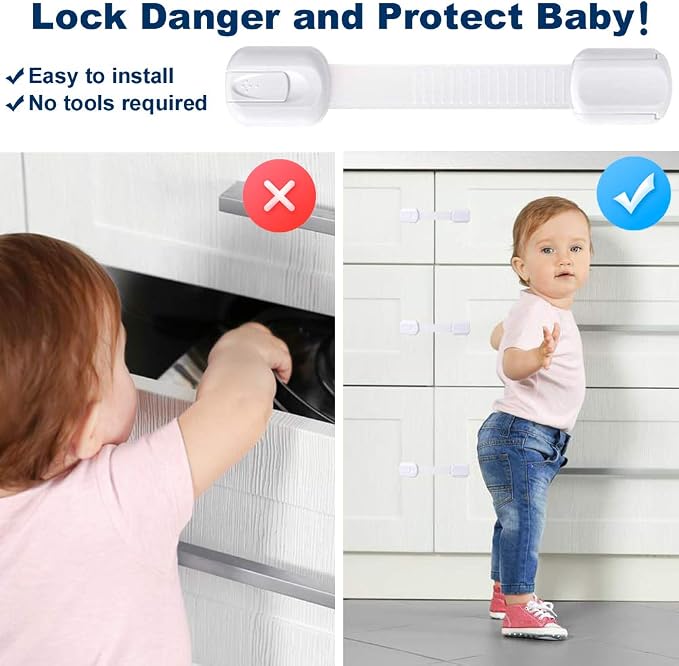 Socub 4 pack Child Safety Cabinets Strap Locks, Multi Use Latch with Strong Adhesive Pads, for Cabinets, Drawers, Oven, Toilet Seat, Fridge