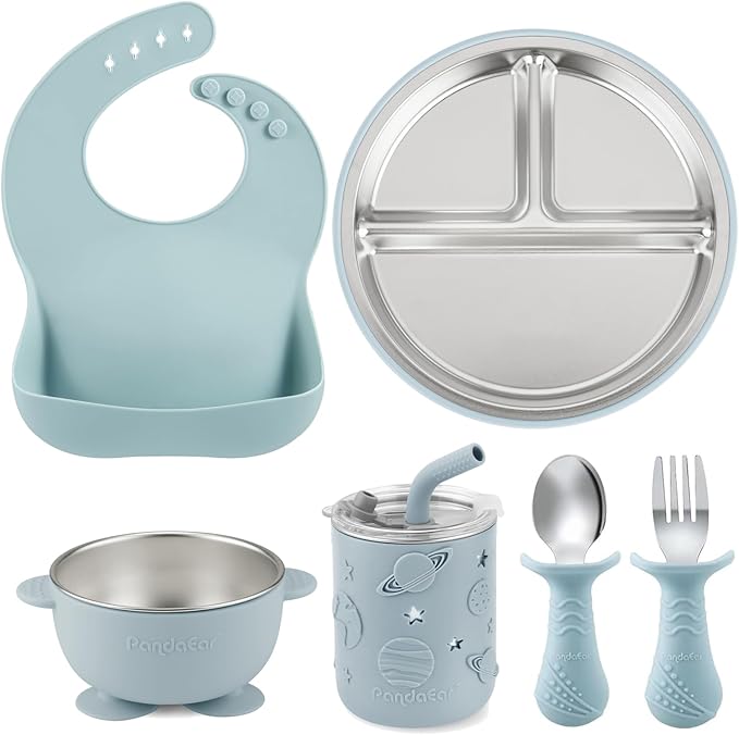 PandaEar 6-in-1 Stainless Steel Baby Feeding Set | Divided Suction Plate, Bowl, Sippy Cup with Straw, Bib, Spoon & Fork | BPA-Free Toddler Feeding Essentials for Self-Feeding (Blue)